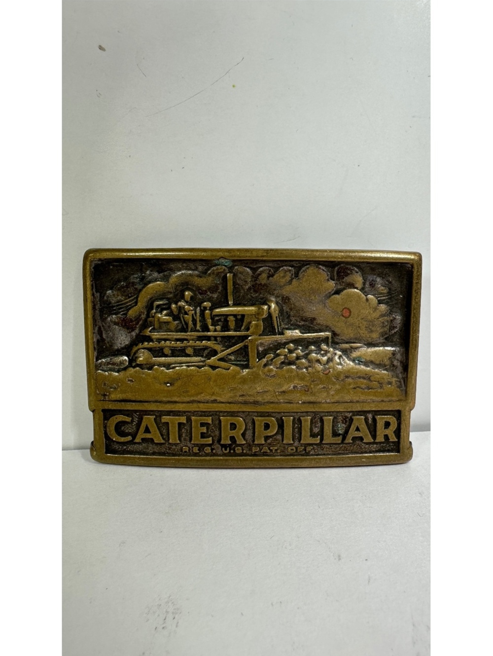 Caterpillar Heavy Equipment 1970s Brass Belt Buckle Antique Crawler Tractor